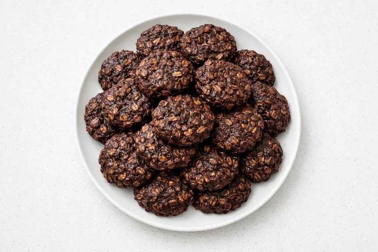 Chocolate no bake Christmas cookies with visible oats on a white plate