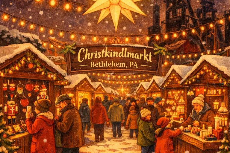 Christkindlmarkt Christmas market in Bethlehem Pennsylvania with Moravian star and wooden stalls