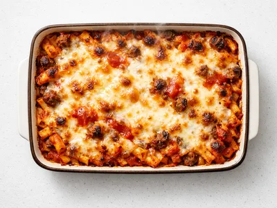 Christmas baked ziti in a baking dish with golden bubbling mozzarella and marinara sauce