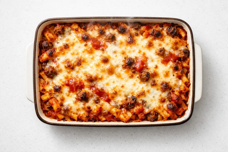 Christmas baked ziti in a baking dish with golden bubbling mozzarella and marinara sauce