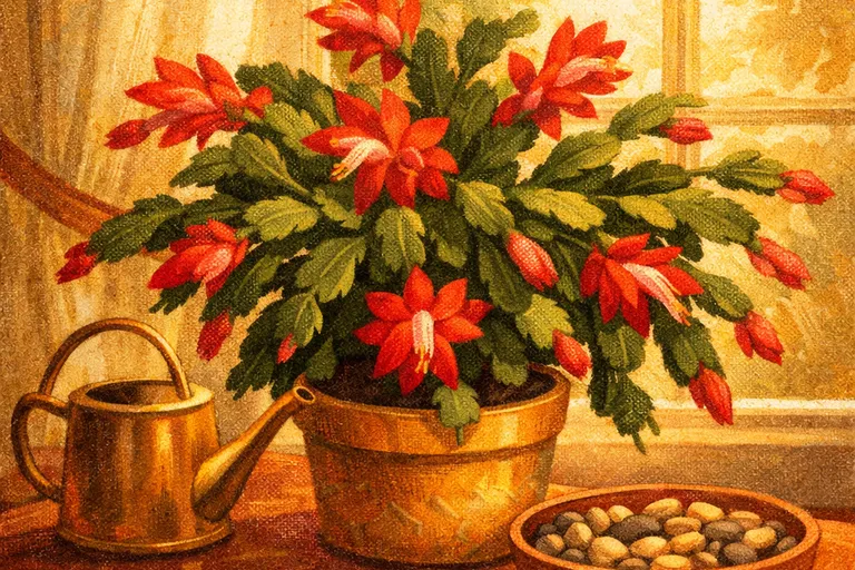 Christmas cactus being cared for near a bright window with watering supplies