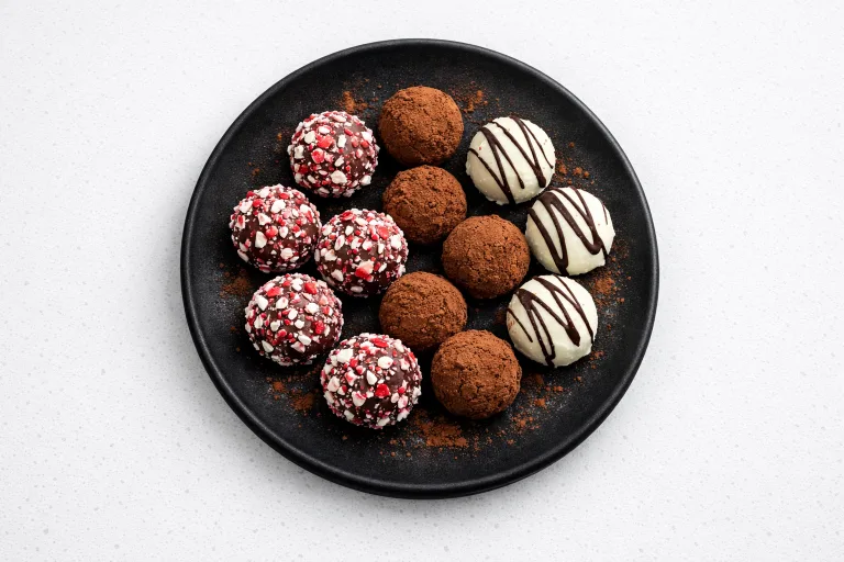 Christmas candy truffles with crushed candy cane, cocoa, and white chocolate coatings on a black plate