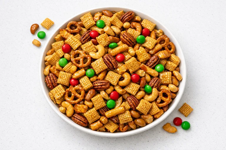 Christmas Chex mix with seasoned cereal, pretzels, and nuts in a white serving bowl