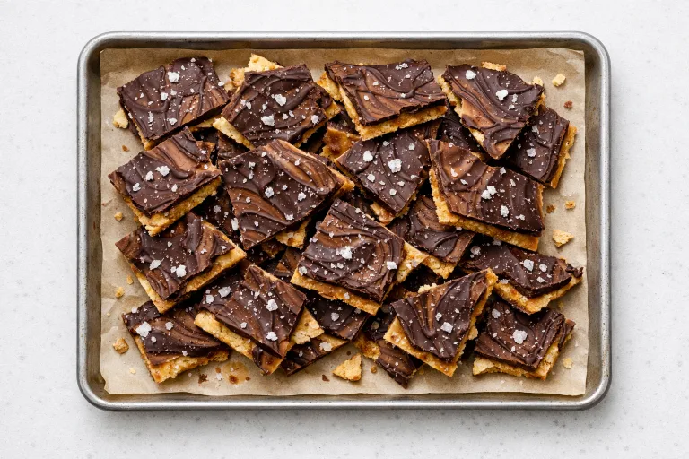 Christmas crack saltine toffee bark with chocolate and sea salt on parchment paper