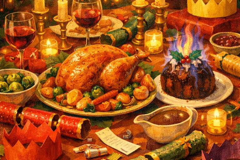 Christmas Day dinner table with roast turkey, Christmas crackers, and flaming pudding