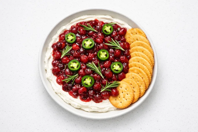 Christmas dip with cranberry sauce layered over cream cheese in a white bowl with crackers