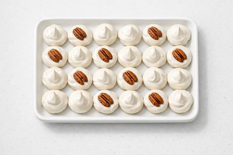 Christmas divinity candy drops on a white tray, some topped with pecan halves