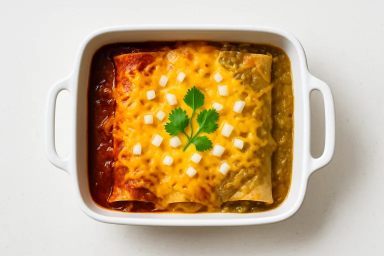 Christmas enchiladas with red and green chile sauce side by side in a ceramic baking dish with melted cheese