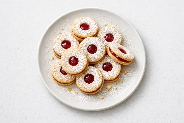 Christmas Linzer cookies dusted with powdered sugar and filled with raspberry jam on a white plate