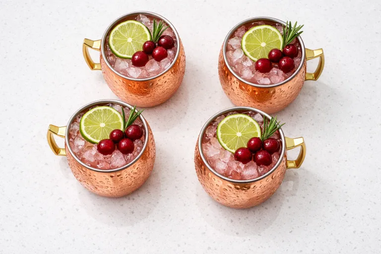 Christmas Moscow mule cocktails in copper mugs with cranberry, lime, and rosemary garnish