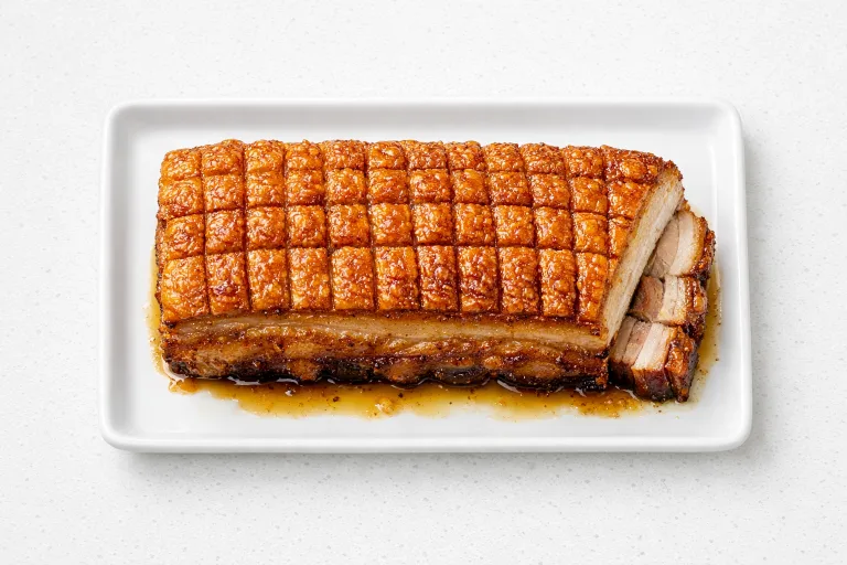 Christmas pork belly with crispy crackling on a white platter, sliced to show layers