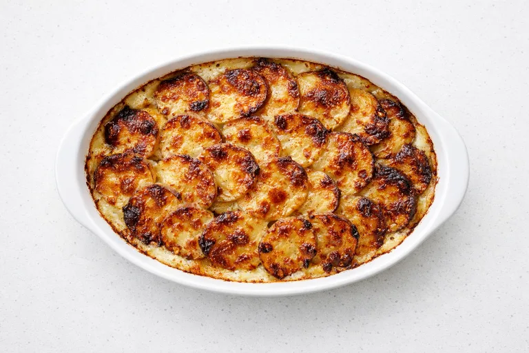 Christmas potatoes au gratin in a white ceramic baking dish with golden bubbling Gruyere crust