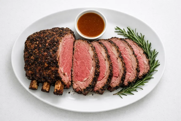 Christmas prime rib roast sliced to show pink interior with herb crust, on white platter