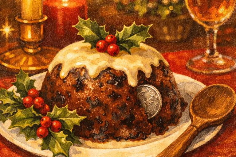 Christmas pudding with silver sixpence on a candlelit table with holly and a wooden spoon
