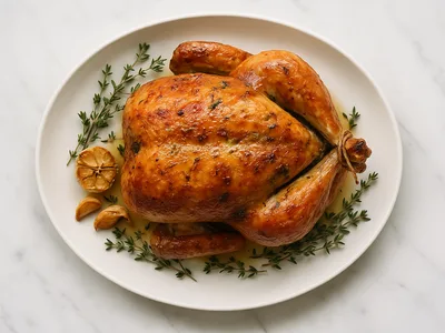 Christmas roast chicken with golden crispy skin and herb butter on a white ceramic platter