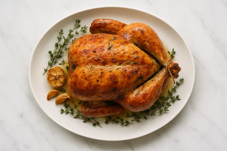 Christmas roast chicken with golden crispy skin and herb butter on a white ceramic platter