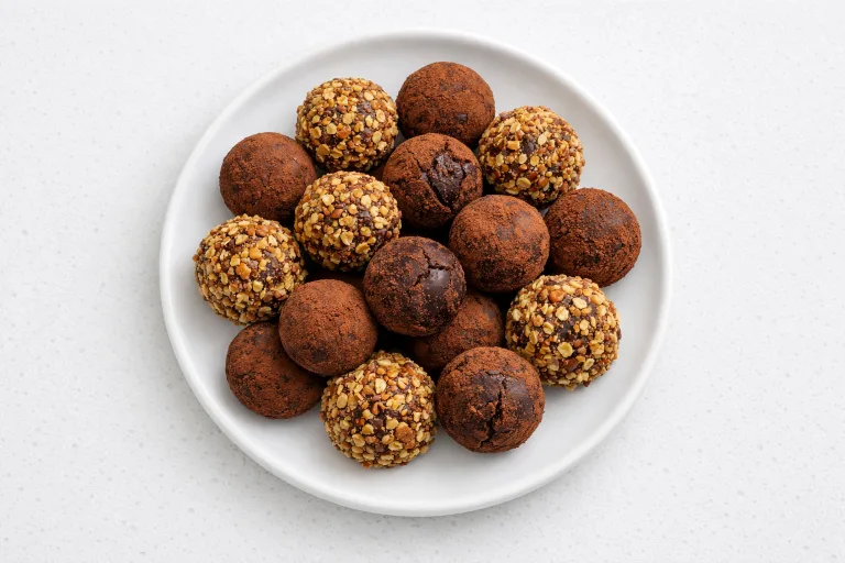 Christmas rum balls on a white plate, some dusted with cocoa powder and others coated in crushed pecans