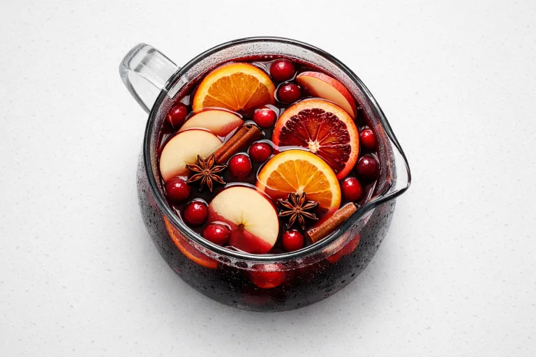 Christmas sangria in a glass pitcher with orange slices, cranberries, cinnamon sticks, and star anise