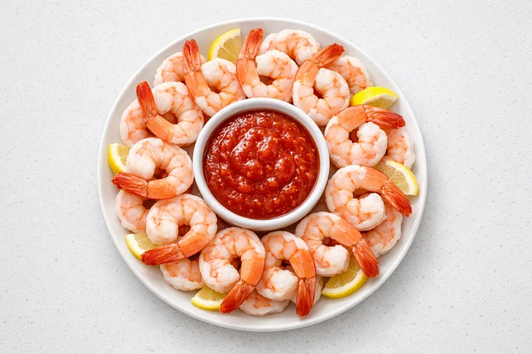 Christmas shrimp cocktail platter with homemade cocktail sauce and lemon wedges on a white plate