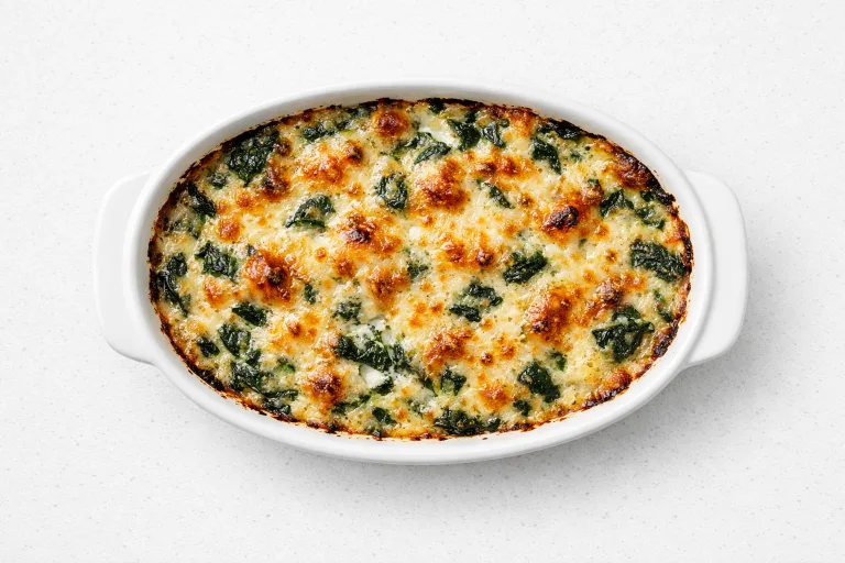 Christmas spinach artichoke dip bubbling in a ceramic baking dish with golden cheese crust