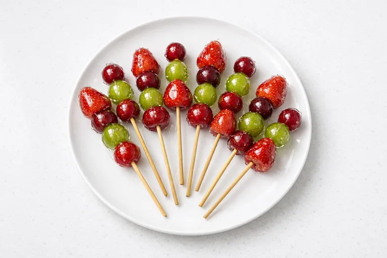 Christmas tanghulu skewers with strawberries, grapes, and cranberries coated in glassy sugar shell on a white plate