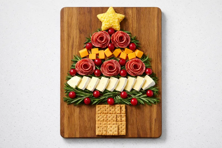 Christmas tree shaped cheese board with cheddar, brie, cured meats, rosemary, and cranberries arranged on a wooden board