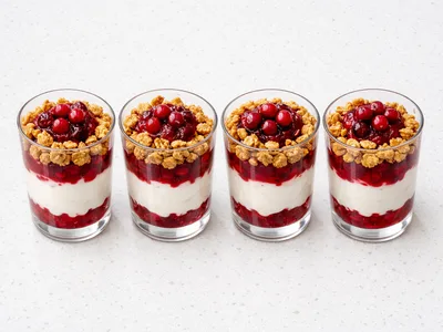 Christmas yogurt parfait with cranberry compote and cinnamon granola in clear glasses