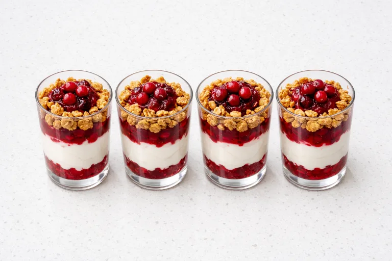 Christmas yogurt parfait with cranberry compote and cinnamon granola in clear glasses