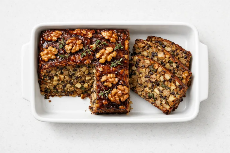 Classic Christmas nut roast in a white loaf dish, sliced to show the dense nut and lentil interior