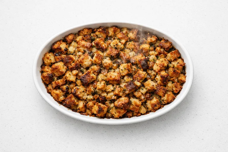 Classic Christmas stuffing in a white baking dish with golden crust and visible herbs