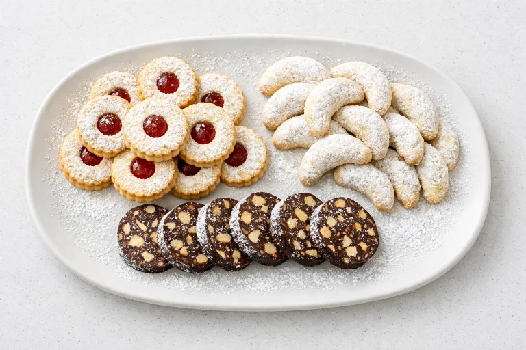 Classic Czech Christmas cookie assortment (vanočni cukrovi) with linzer eyes, vanilla crescents, and chocolate salami on a white platter dusted with powdered sugar