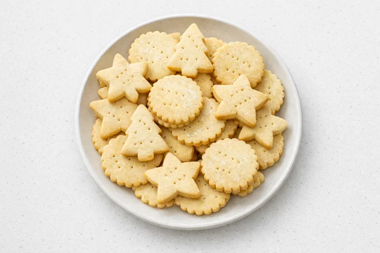 Classic Scottish Christmas shortbread cookies in festive shapes on a white plate