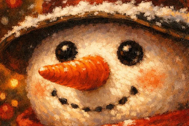 Close-up of a snowman face with carrot nose, coal eyes, and a snow-dusted top hat