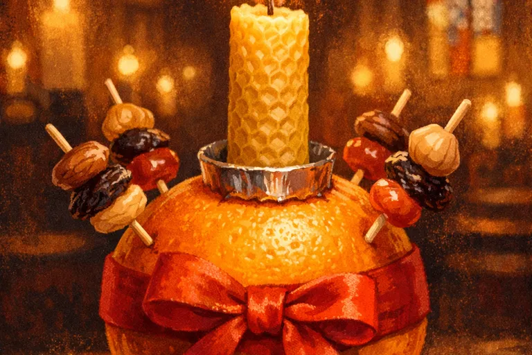 Close-up of a traditional Christingle with orange, red ribbon, fruit-laden cocktail sticks, and a lit candle