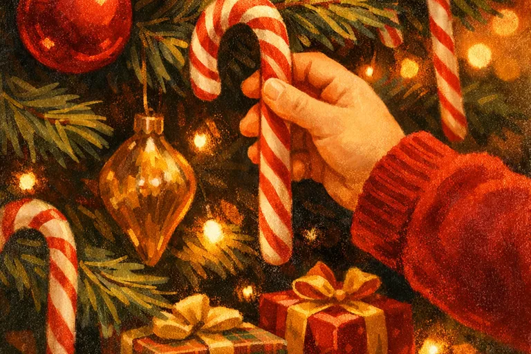 Close-up of candy canes hanging on a Christmas tree with a child's hand reaching for one