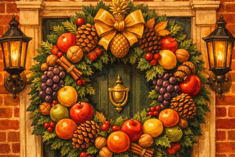 Colonial Williamsburg-style wreath with fruit and greenery on brick building