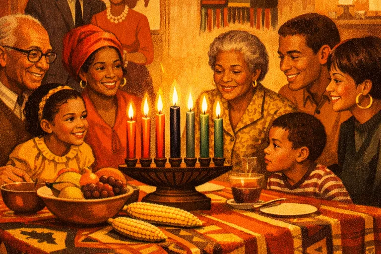 Community gathered around a Kwanzaa table with kinara and African-inspired decorations