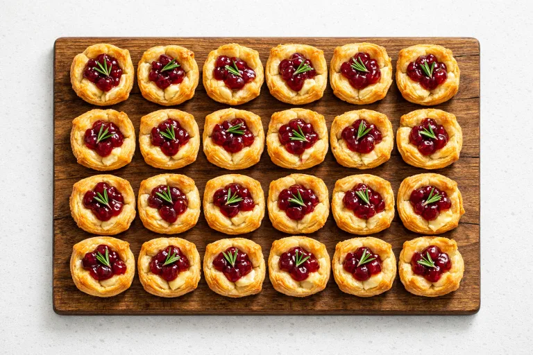 Cranberry brie bites in golden puff pastry cups topped with rosemary on a wooden serving board