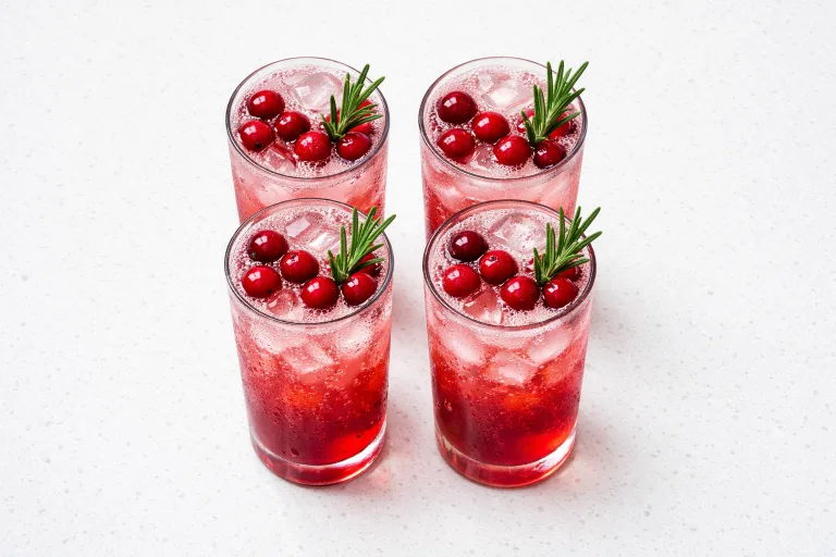 Cranberry gin fizz cocktails with rosemary sprigs and fresh cranberries in highball glasses