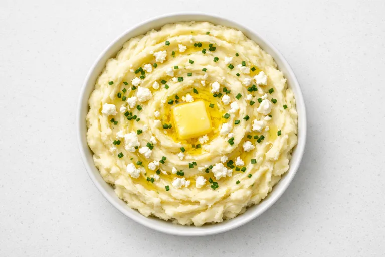 Creamy Christmas mashed potatoes with garlic and feta in a white ceramic bowl