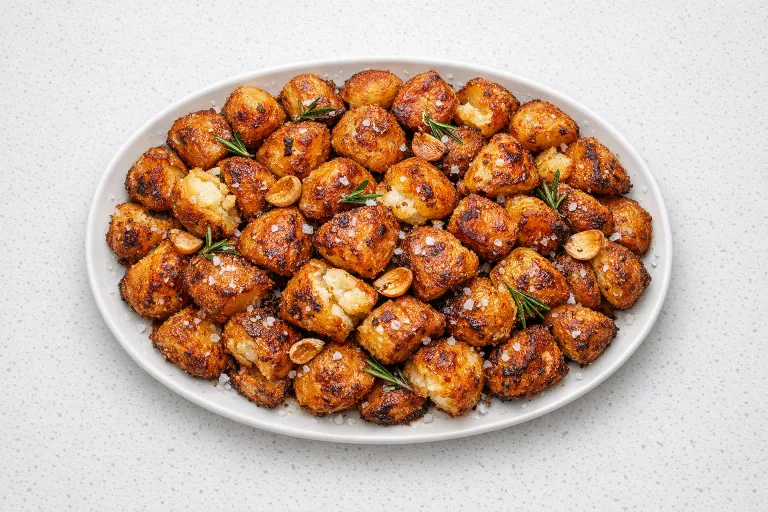 Crispy golden Christmas roast potatoes with rosemary and garlic on a white serving platter