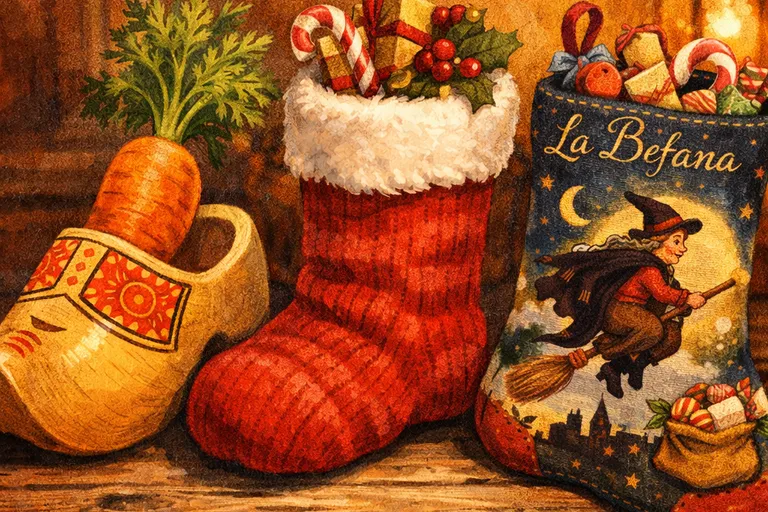 Cultural gift receptacles including Dutch shoe, British stocking, and Italian La Befana stocking