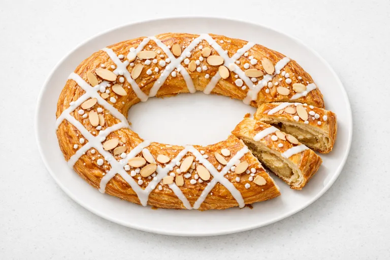 Danish kringle pastry ring with almond filling, white icing, and pearl sugar on a white plate