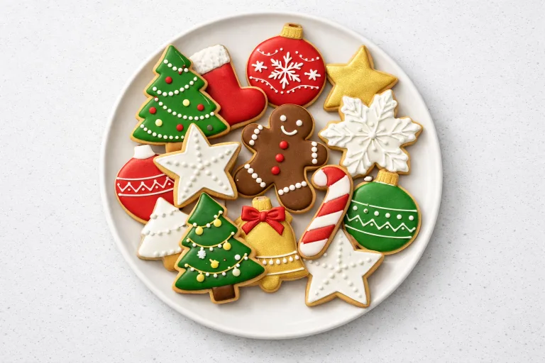 Decorated Christmas sugar cookies with royal icing on a white plate
