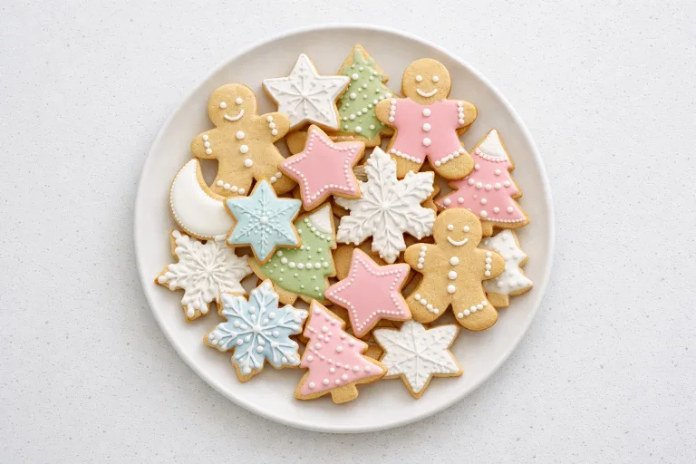 Decorated gluten-free Christmas cookies in festive shapes with royal icing on a white plate