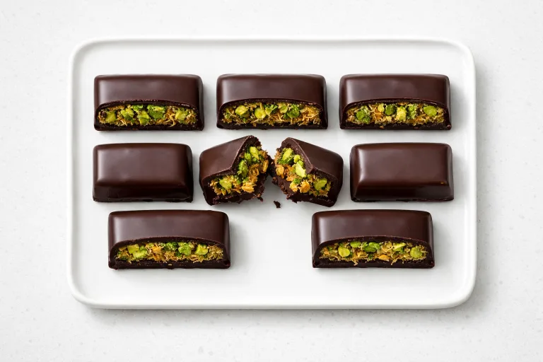 Dubai chocolate bars with pistachio kataifi filling, one broken open showing green and golden interior