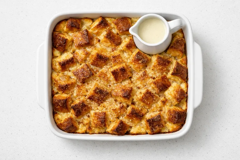 Eggnog bread pudding in a white ceramic baking dish, golden brown with nutmeg, served with cream sauce