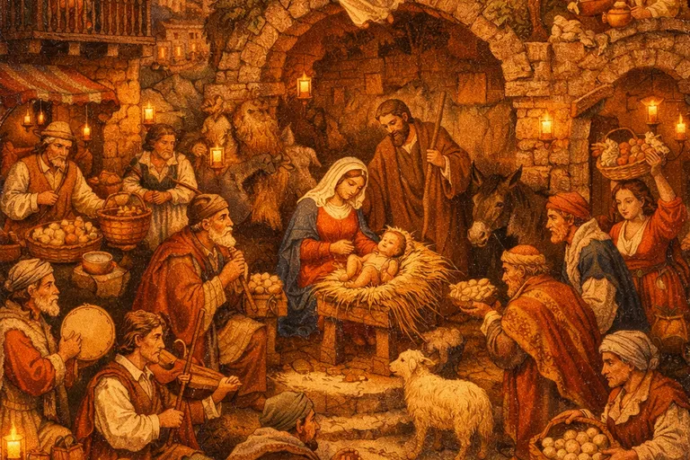 Elaborate Neapolitan-style nativity scene with terracotta figurines in a miniature village