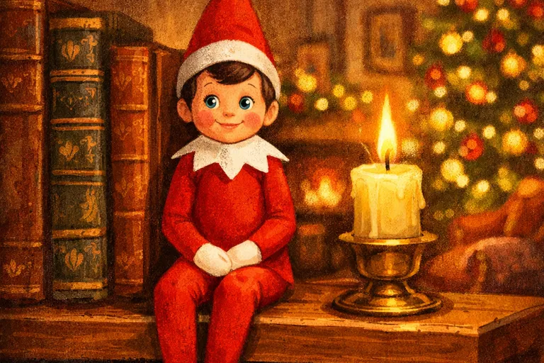 Elf on the Shelf doll perched on a bookshelf in a cozy Christmas living room