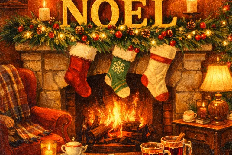 English fireplace mantel decorated with NOEL letters, pine garlands, and Christmas stockings